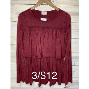 Burgundy Acid Washed Long Sleeve Ruffle Top